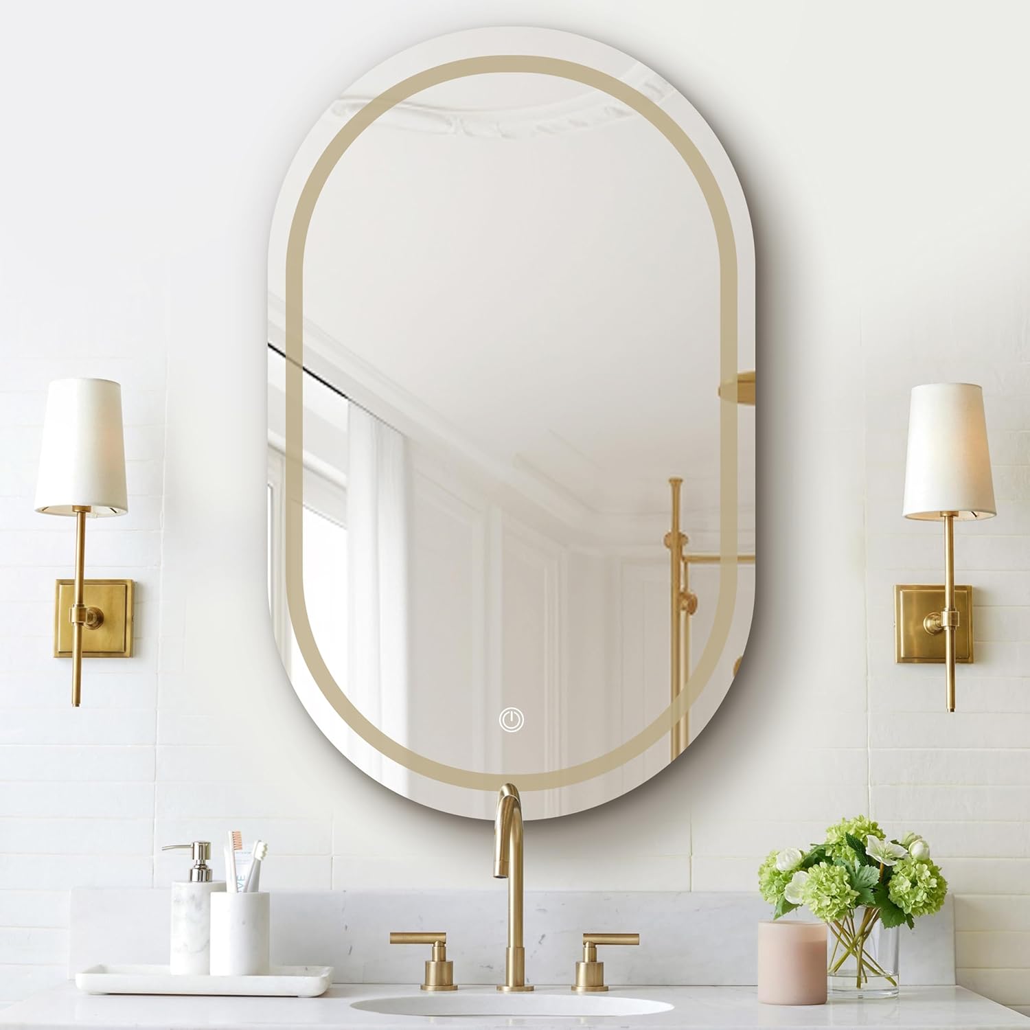 Oval LED Mirror Medicine Cabinet, Wall Mounted Bathroom Storage Cabinet with Tempered Glass Shelves, Metal Frame, Touch Control, 3 Color Temperature Dimmable Lighting, 33.5 x 21 Inch (Silver)