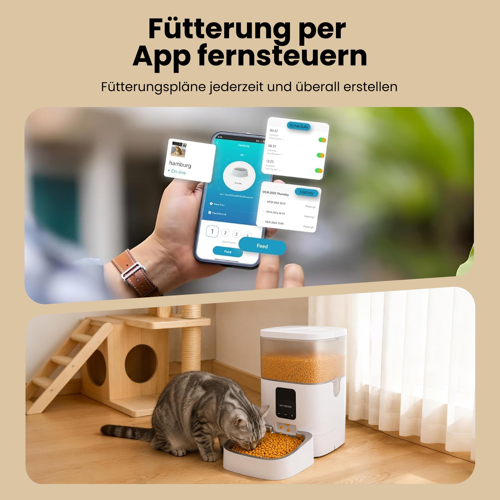 Futterautomat Katze, 4L Katzenfutter Automat, 2,4 G WiFi Katzen Futterautomat mit APP Steuerung, Futterspender Katze mit Edelstahlnapf für Katzen & Hunde, Weiß