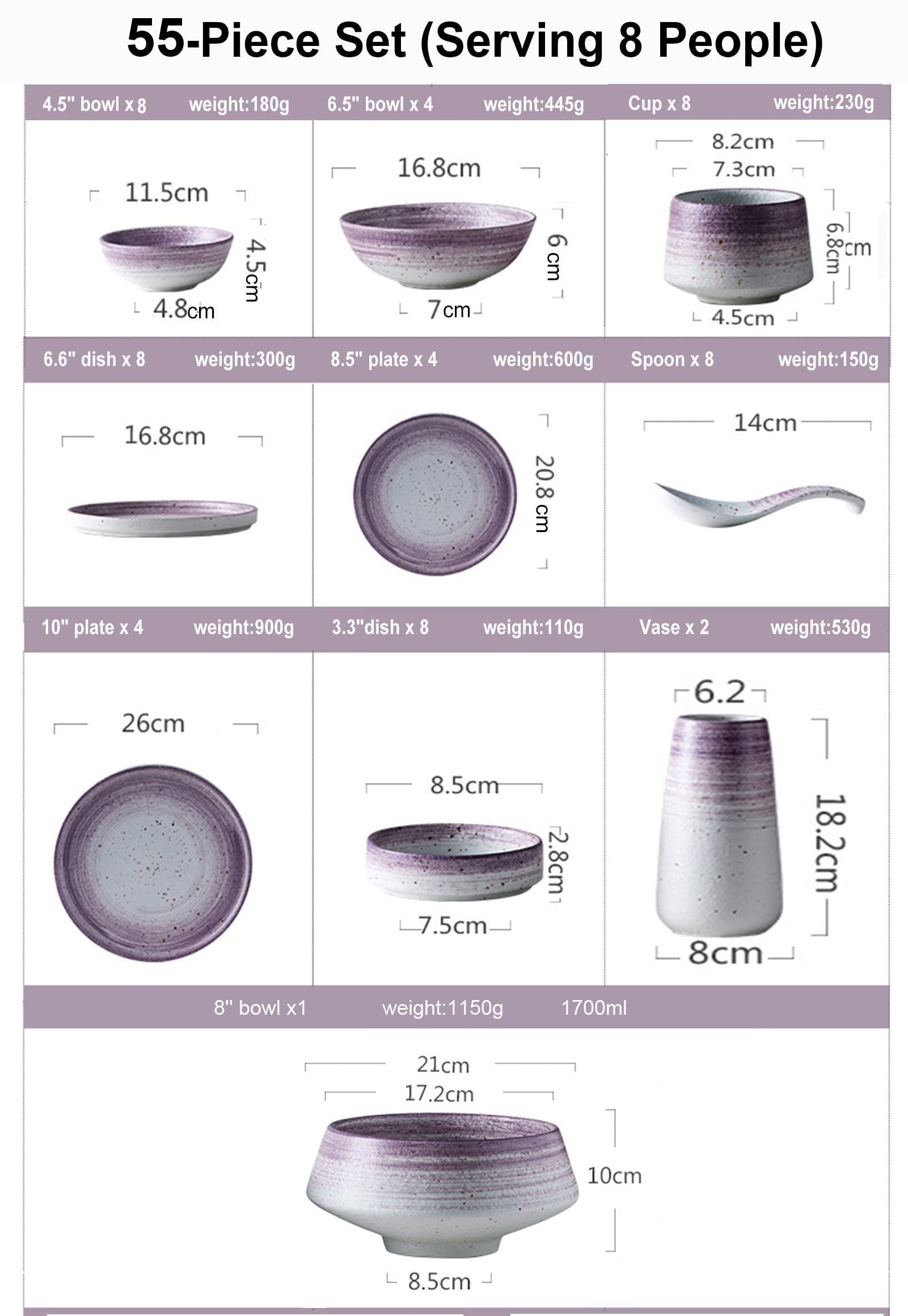 55-częściowy zestaw naczyń obiadowych z kamionki, zestawy obiadowe z porcelany, zestaw obiadowy, zestaw naczyń ceramicznych, zestawy talerzy i misek, komplet naczyń obiadowych, serwis dla 8 osób,
