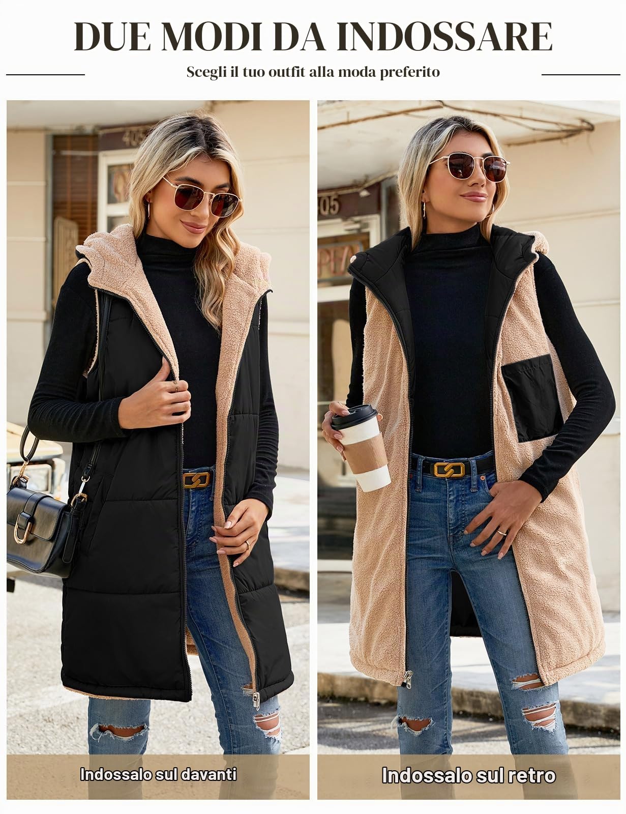 Tuopuda Gilet Donna Lungo in Pile, Smanicato Invernale con Cappuccio, Cappotto Senza Maniche Termico Giubbotto Imbottito Giacca con Cerniera e Tasche