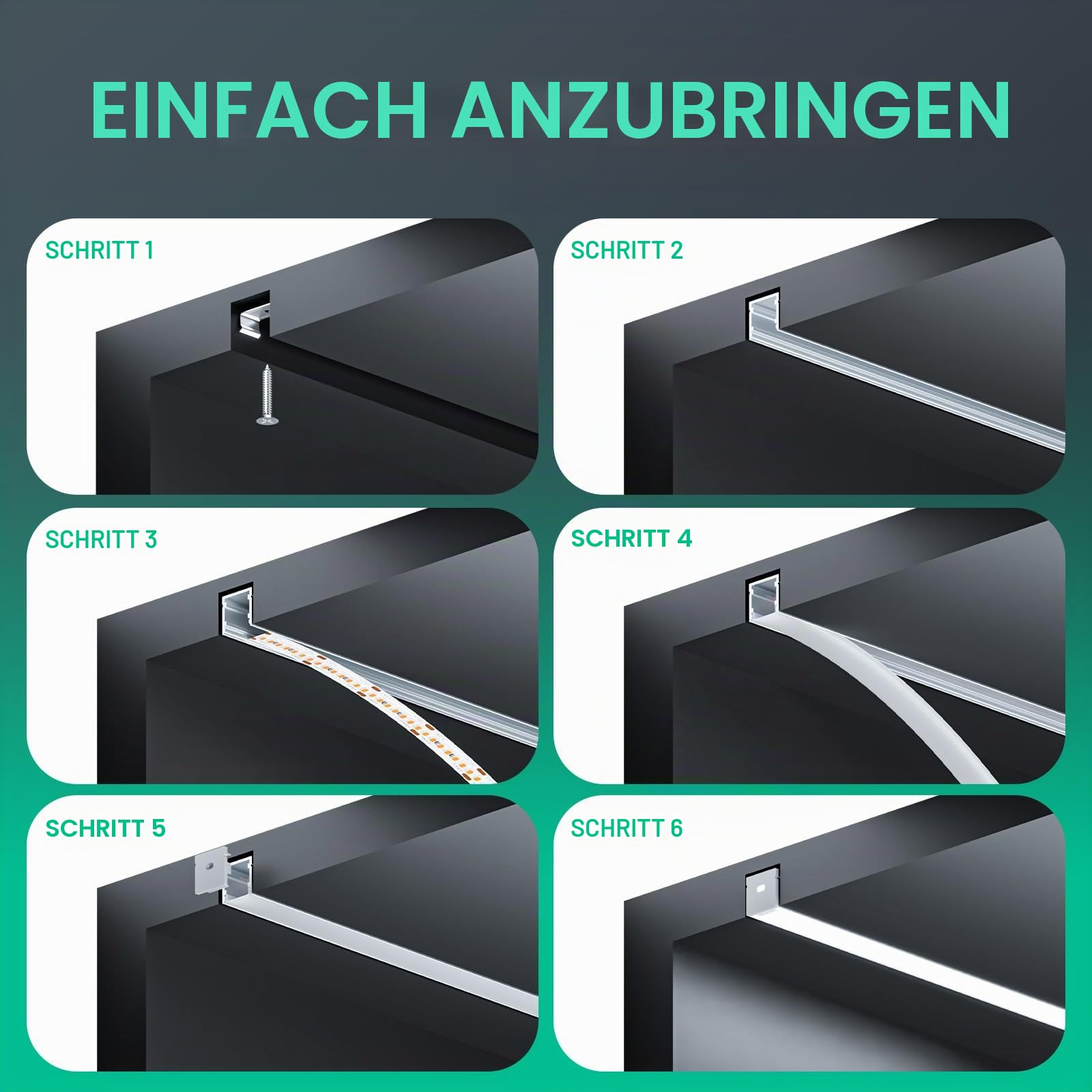 LED Profil 6×2m（12m）Aluminium U-Form mit Milchig Weißer Abdeckung Kanal Diffusor Alu Profil LED leisten Schienen kanalleiste Aluprofil Streifen Profile lichtkanal led strip aluschiene unterputzprofil
