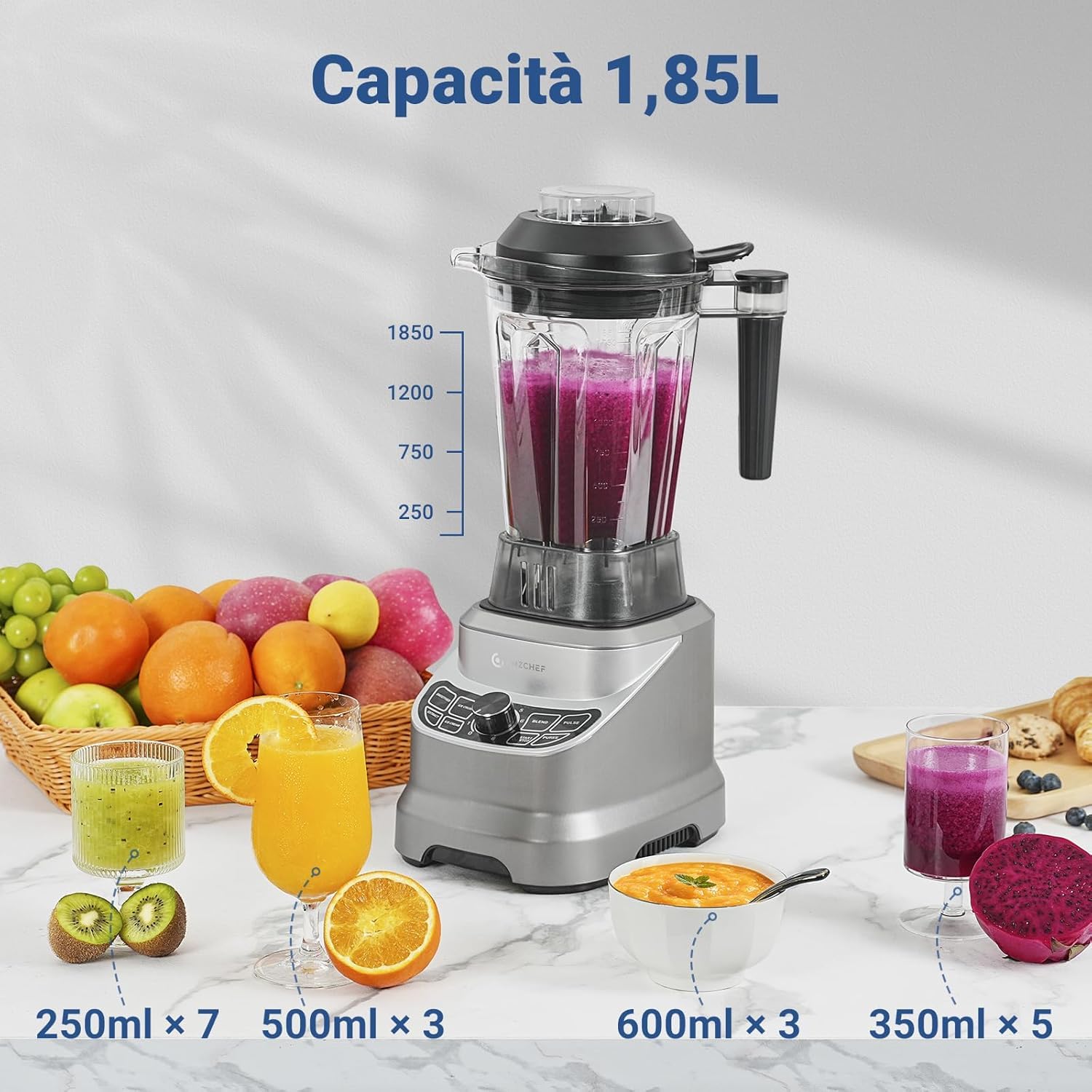 AMZCHEF Frullatore Tritatutto Multifunzione con 8 Velocità Selezionabili, Frullatore Professionale 1800W, Blender 1,85 Litri per Frullati, Smoothie, Tritaghiaccio, Frutta Congelata, Frutta Secca
