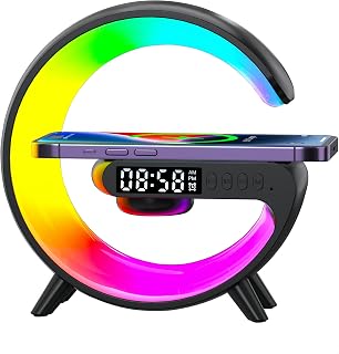 LED Table Lamp with Wireless Charger, Mini G Atmosphere Lamp with Bluetooth Speaker, Night Light Lamp Sunrise Alarm Clock, Smart Light Sound Machine, Christmas Gift for kids【Mini Size Black】