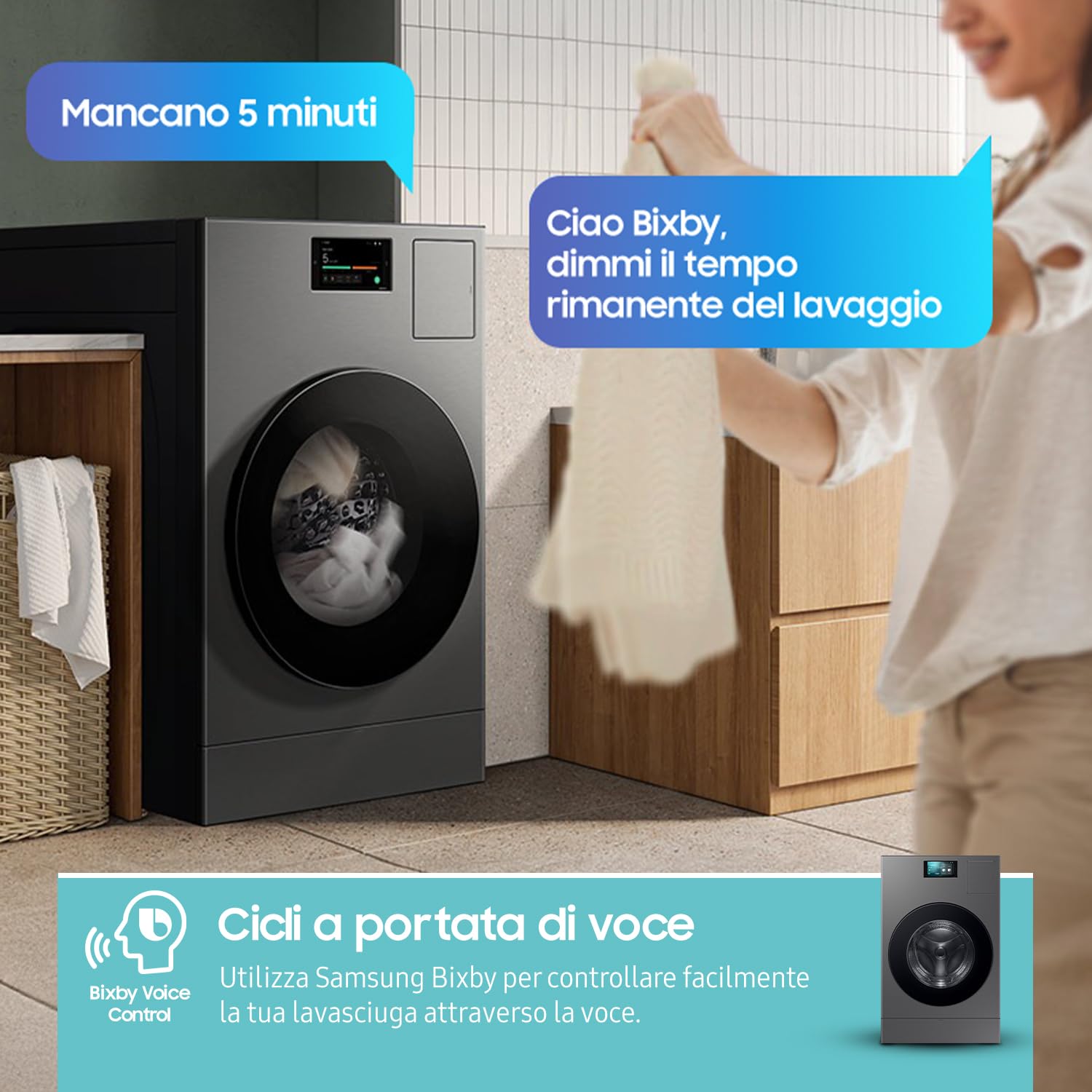 Samsung Lavasciuga Bespoke AI Laundry Combo WD18DB8995BZT2, 18+11 kg, Wifi, Pompa di Calore, Super Speed, Display AI home, AI Wash & Dry, Carica Frontale, 68.6l x 11h x 87.5p cm