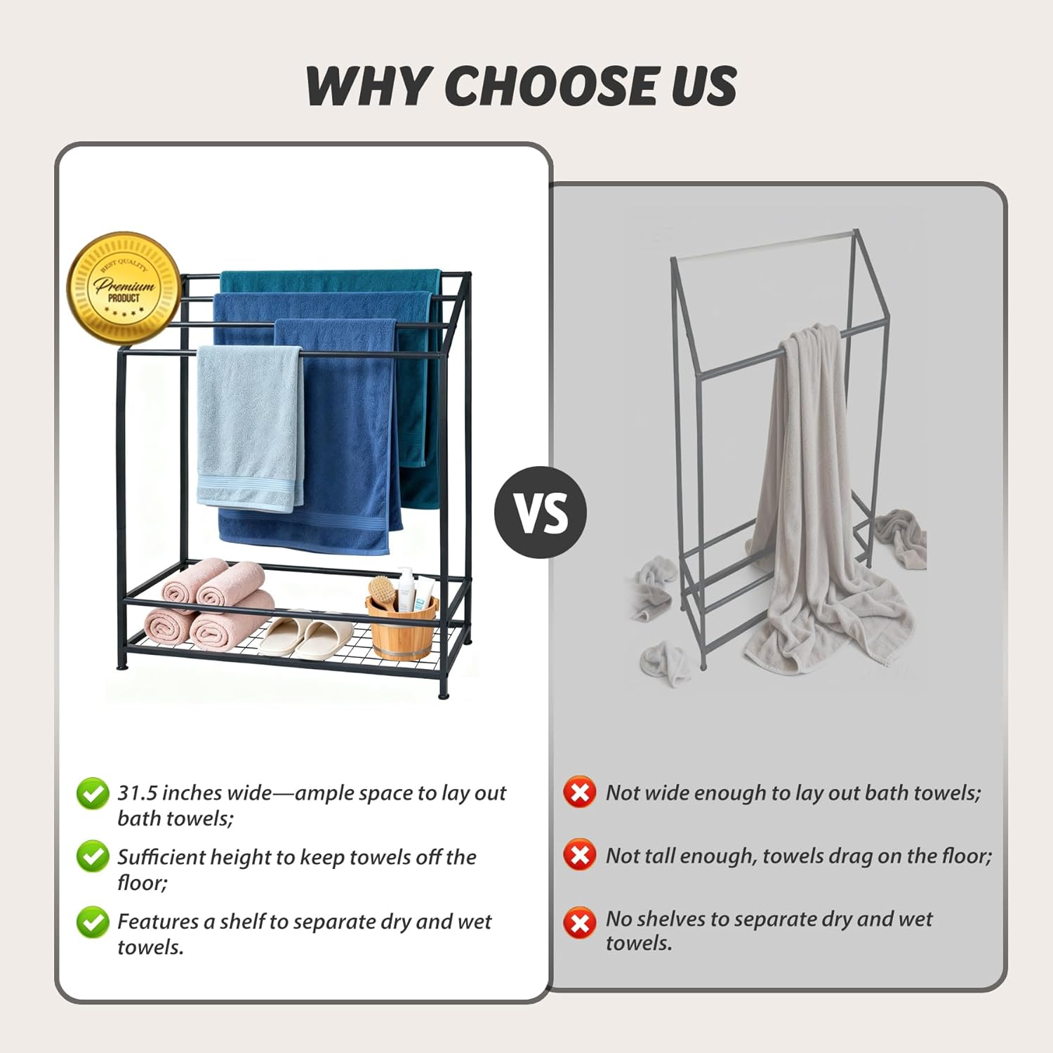 Hjarta Extra Wide 31.5 Inch Standing Towel Rack, Tall 40 Inch Free Standing Towel Rack with Storage Shelf, 4 Tier Towel Stand for Bathroom Outdoor Poolside