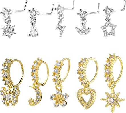 10 Pcs Dangle Nose Ring Hoop 20g Cz Nose Rings with Charm L Shaped Dangling Noses Stud Indian Piercing Jewelry For Women