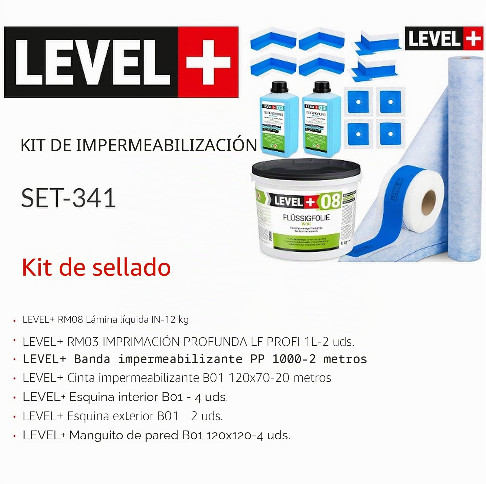 Juego de juntas de 12 kg de película líquida, 2 m2, cinta de sellado de 20 m, 4 esquinas interiores, 2 esquinas exteriores, 4 manguitos de pared, 2 l de profundidad, ducha, baño, cocina SET341