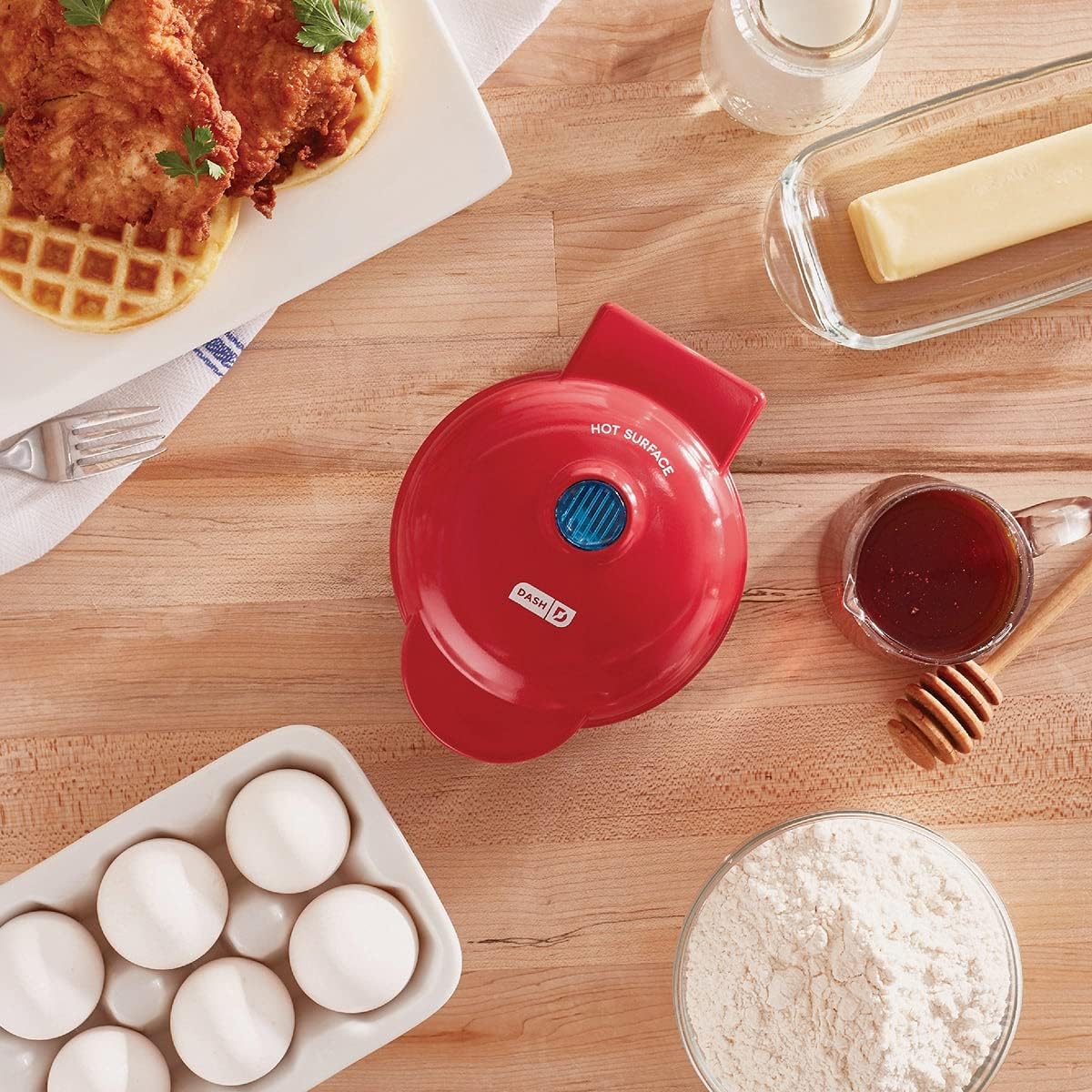 DASH Sous Vide Style Family Size Egg Bite Maker for Breakfast Bites, Sandwiches & Mini Maker for Individual Waffles, Hash Browns, Keto Chaffles with Easy to Clean, Non-Stick Surfaces, 4 Inch, Red