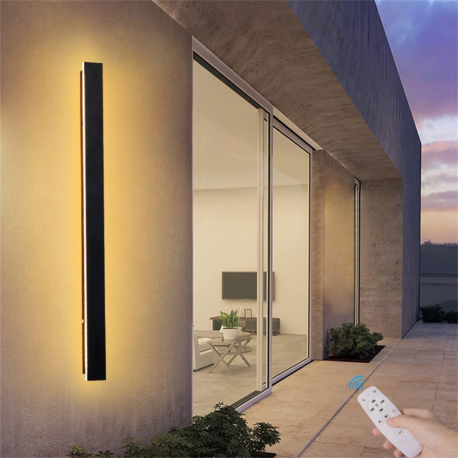 Luz Exterior Jardin Apliques de Pared LED Regulable con 2.4G Control Remoto Lámpara de Pared Interior Largo Barra Negro Luz de Aluminio Brillo Ajustable IP65 Impermeable Salón Baño Patio (200cm 96W)