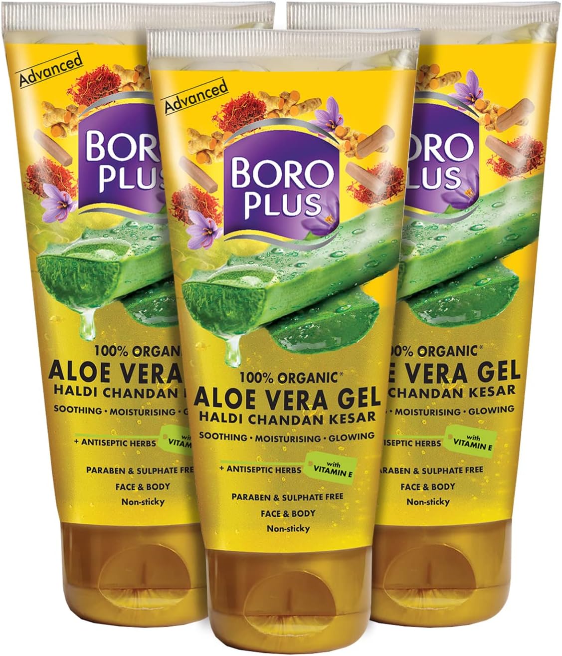 BOROPLUS Aloe Vera Gel with Haldi, Chandan & Kesar Rich in Vitamin E and Antiseptic Herbs Anti-ageing Free from Parabens, Silicones and Synthetic Dyes 450ml (Pack of 3, 150ml + 150ml + 150ml)