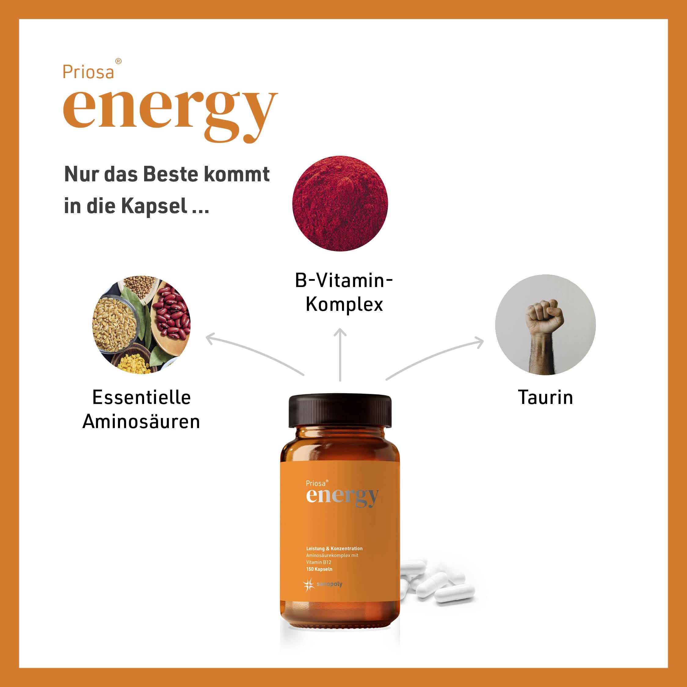 Priosa® energy 150 vegane Aminosäure Kapseln I BCAA Kapseln Unterstützen die normale Muskelfunktion I 16 eiweißbildende Aminosäuren I durch unabhängige Gutachter geprüft