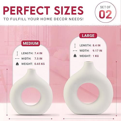 Miniatura 2 de Pripey Jarrón de rosquilla, juego de 2 jarrones huecos de cerámica para hierba de las pampas, jarrón minimalista estilo nórdico bohemio para bodas,