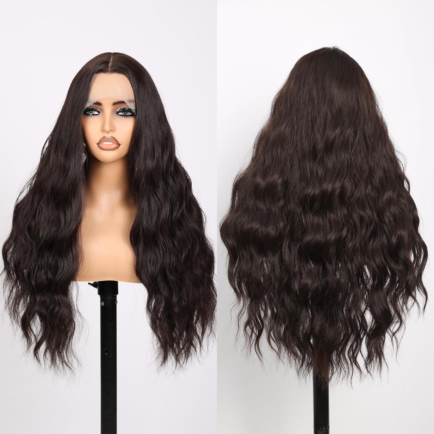 Long Wavy Hair Wig for Women Front Lace WIgs, Natural-Looking, Middle Part, Heat-Resistant Synthetic Wig for Party With WigCap & Hair Brush 26-Inch Mixed Brown-image-8