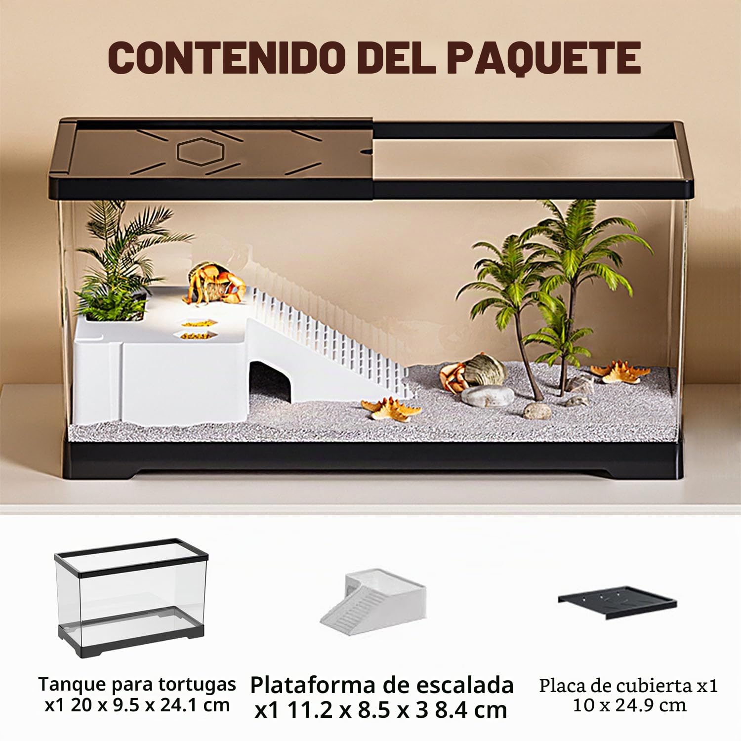 Pecera de Tortuga con Plataforma para Tomar el Sol y Drenaje Inferior, 20" x 9.5" x 9.5" Tanque de Tortugas acuáticas para Tortugas Juveniles, cangrejos de río, cangrejos, Anfibios（Negro）