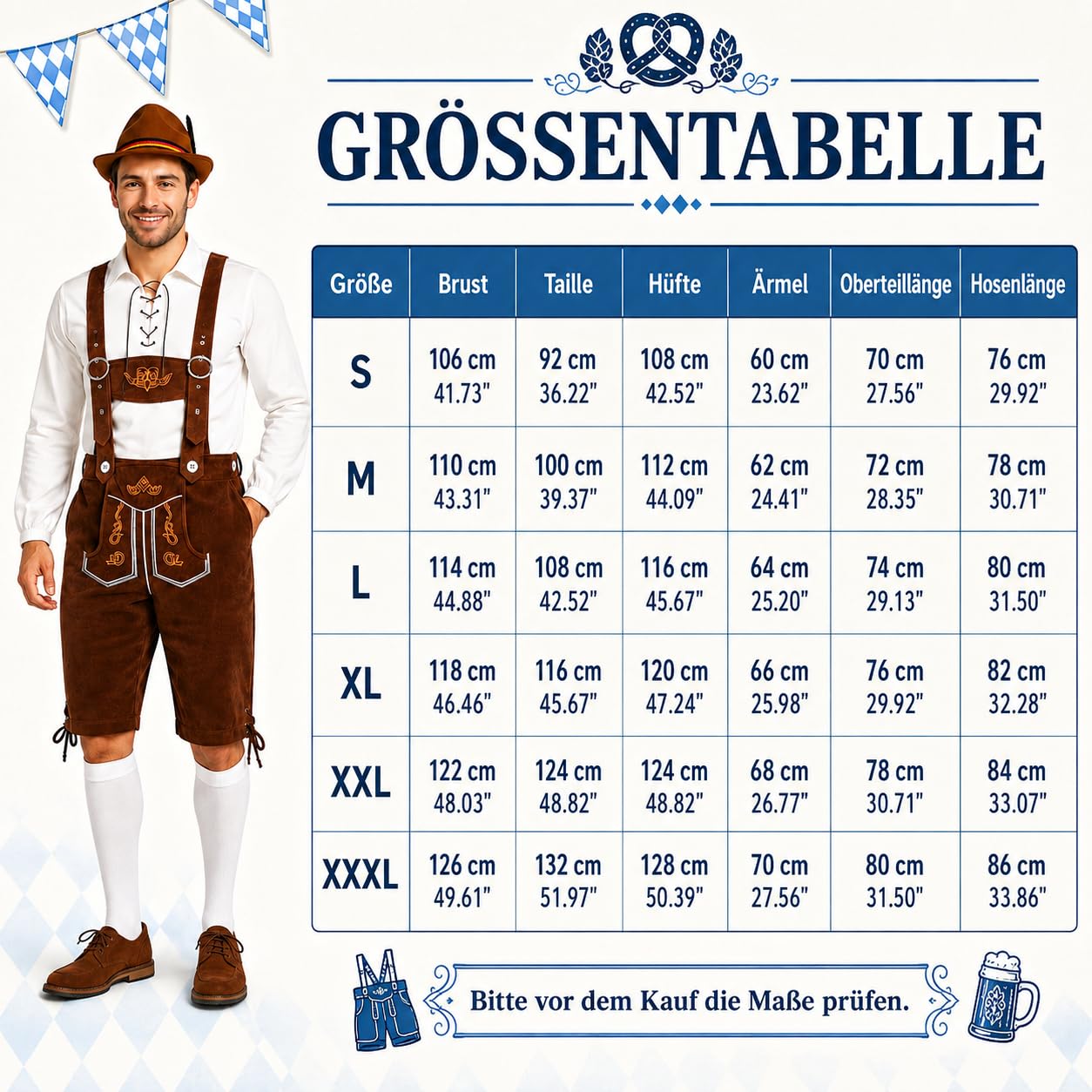 4-teiliges Trachtenset Herren Oktoberfest Outfit mit Lederhose und Hosenträgern, Trachtenhemd, Trachtenhut und Kniestrümpfen, Bayerische Tracht für Volksfest