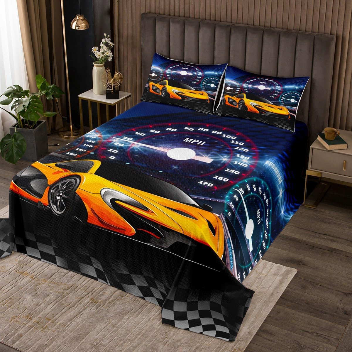 Erosebridal Cartoon Truck Coverlet Set King Size Cool Racing Car Bedding Set for Kids Girls Boys Black and White Checkered Quilted Coverlet Grey Race Tire Tracks Oil Painting Extreme Sports Quilted