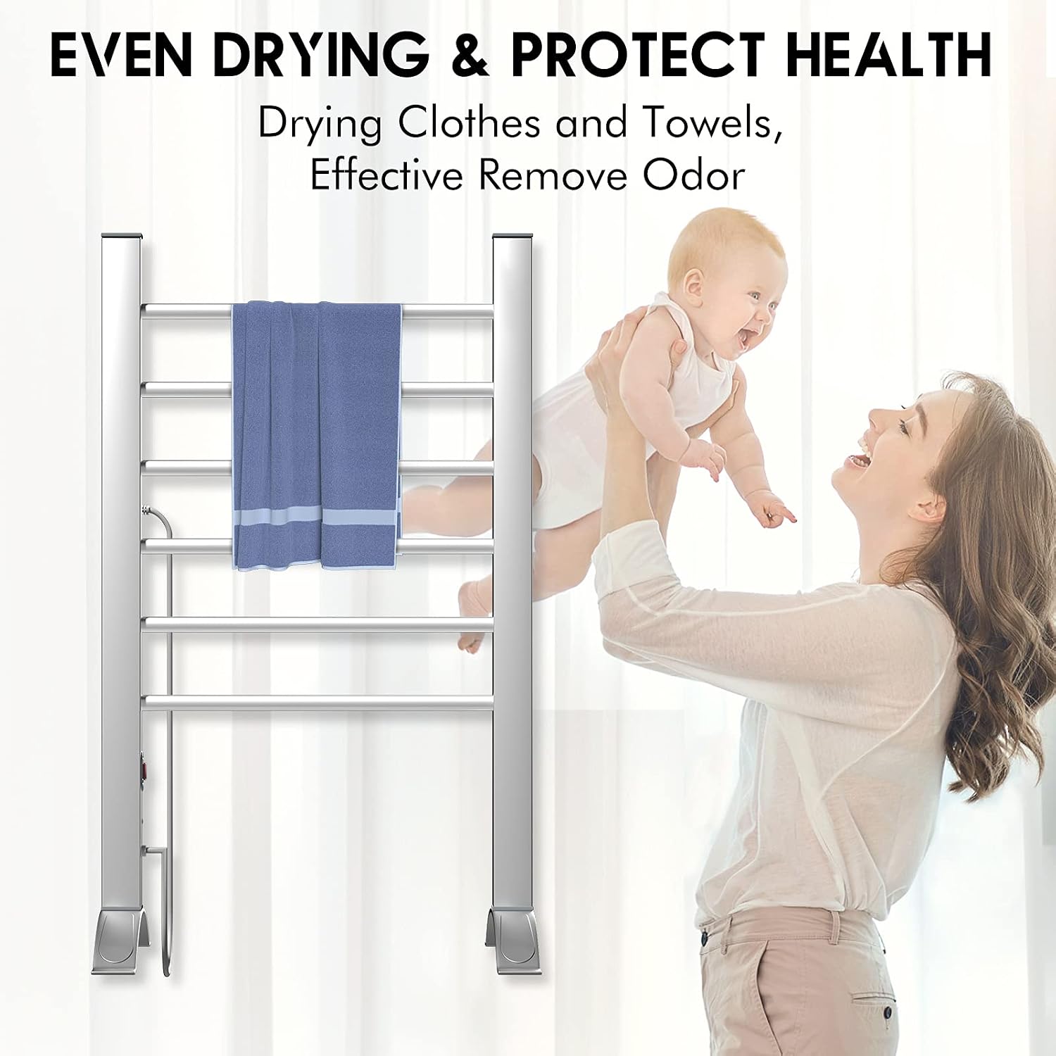 DAILYLIFE 2-in-1 Towel Warmer, with Built-in Timer, Heated Towel Rack, Freestanding & Wall Mounted, Aluminum Frame for Bathroom with 6 Bars