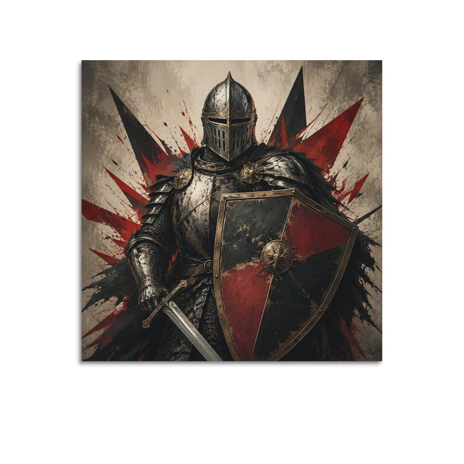 XKUGA Graphic Medieval Knight Shield Poster Angular Black Armor Modern Decorative Canvas Prints - Ideal Wall Art for Family, Man Cave, Game Room, Boys & Girls Bedroom 12x12inch(30x30cm)