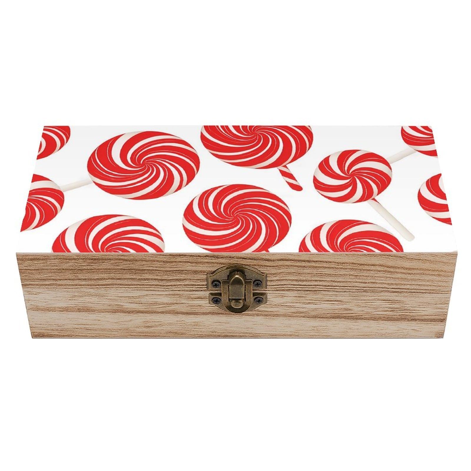Oudrspo Red White Swirl Xmas Candies Retro Wooden Storage Box Keepsake Jewelry Decorative Art Storages Box Gift Boxs