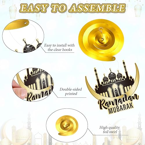 Miniatura 4 de 30 piezas de decoración de remolinos colgantes de Ramadán, decoraciones de techo de Ramadán Eid Mubarak para el hogar, arroyos colgantes de papel de
