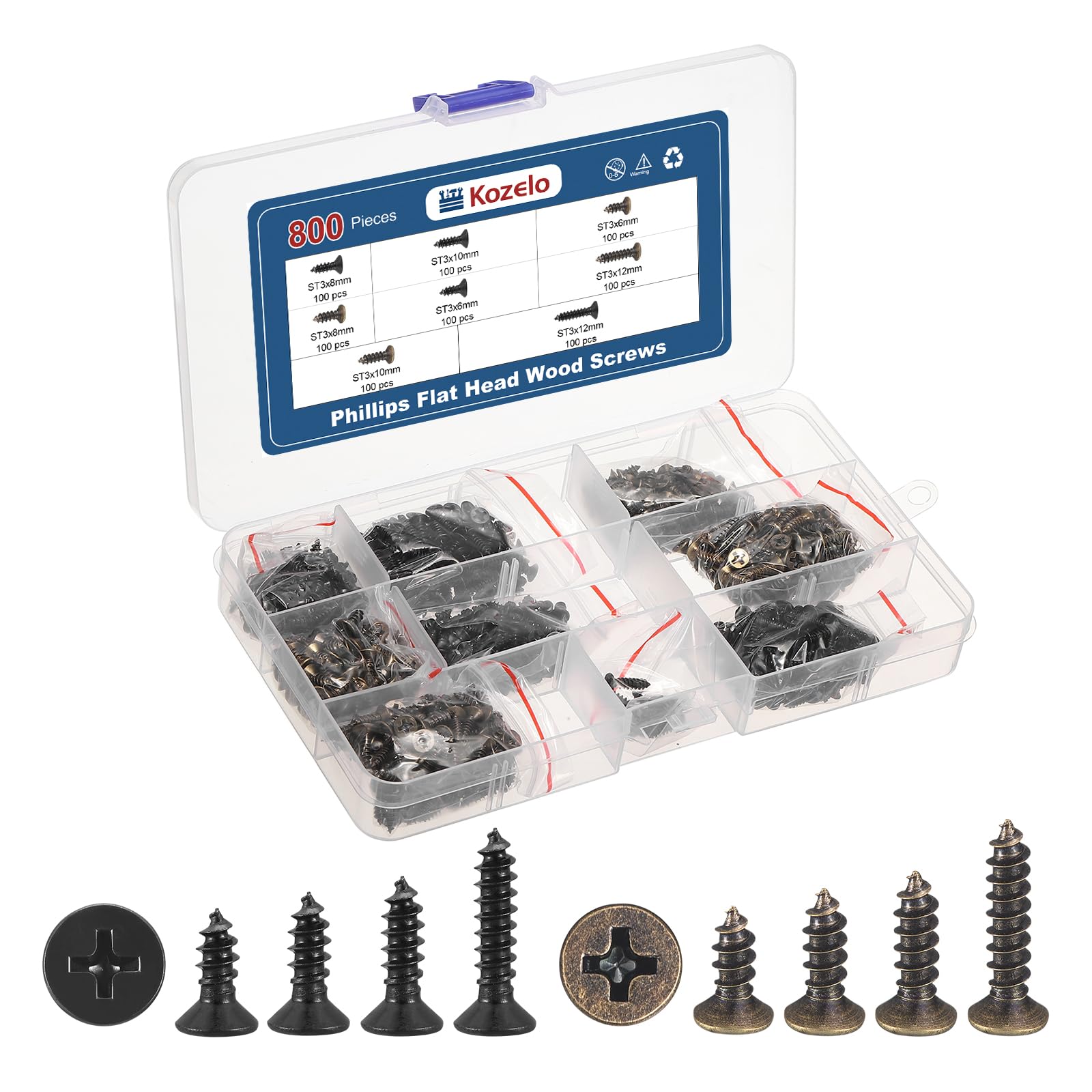 Kozelo 800pcs ST3 Phillips Flat Head Wood Screws Assortment Kit - [ST3x6/8/10/12mm] Carbon Steel Countersunk Self Tapping Screws for Wooden, Black
