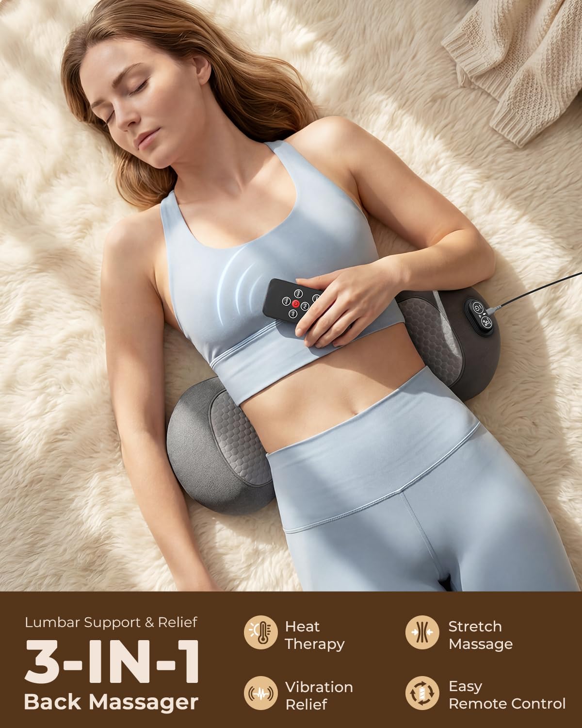 3-in-1 Lendenwirbelstützkissen mit Fernbedienung, Triple Fusion Rückenmassagegerät mit Wärme, Vibration & Dehnung für den unteren Rücken, Tragbares elektrisches Lendenkissen für Zuhause, Büro, Reisen