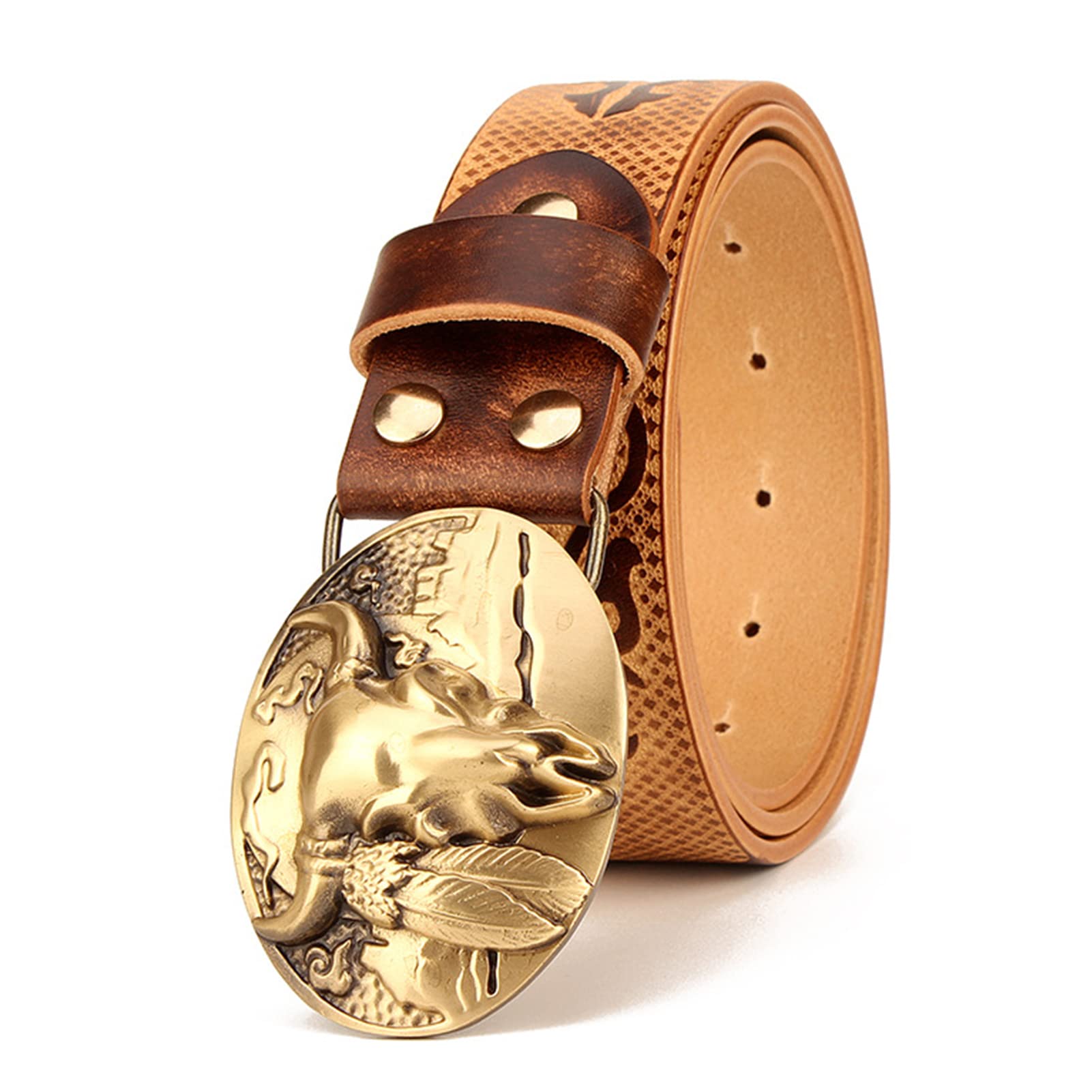 Cintura Western Unisex in Vera Pelle, Cinture in Rilievo 38mm, Cinture Country per Cowgirl Cowboy con Fibbia Vintage Testa di Toro Oro per Pantaloni Jeans