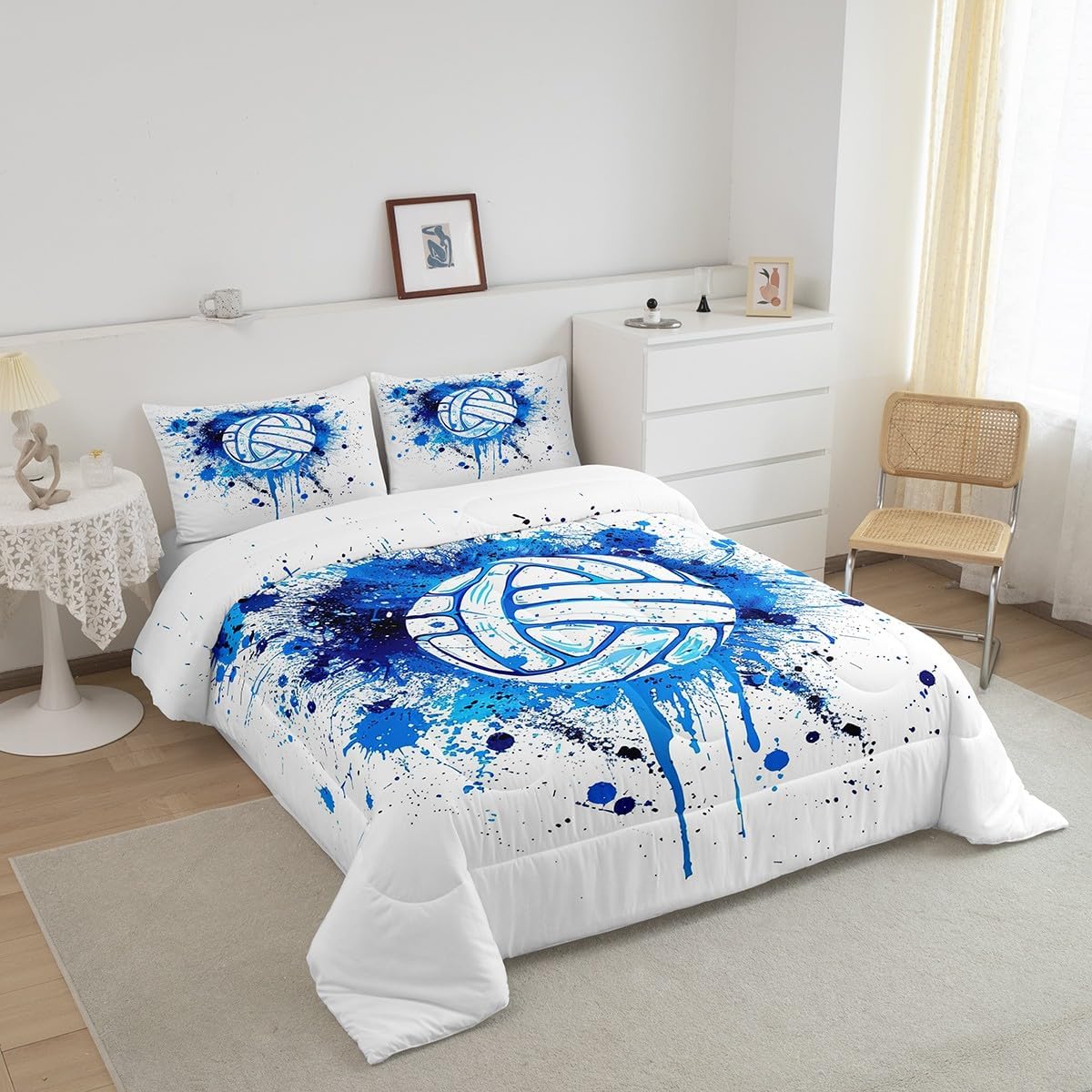 Castle Fairy Volleyball Full Size Comforter Set,Sports Games Bedding Set for Adults Teens,Children Blue Watercolor Comforter Luxury Volleyball Sports Quilt Set Room Decor 3Pcs