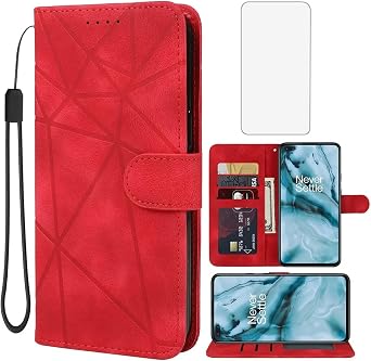 Case for Oneplus Nord Case,Oneplus Nord 5G AC2001 AC2003 Wallet Case with Tempered Glass Screen Protector, Skin Feel Leather Flip Credit Card Holder Stand Phone Cover for Oneplus Nord 5G Red