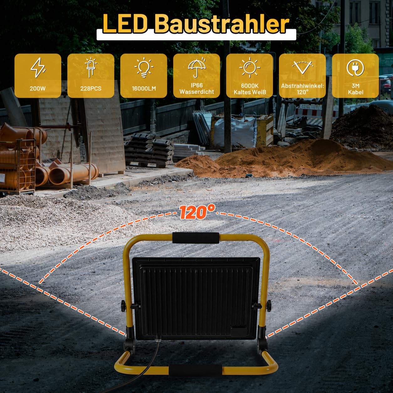 LED Baustrahler, 2er 200W 12000LM Kaltweiß,Tragbar 3M Kabel
