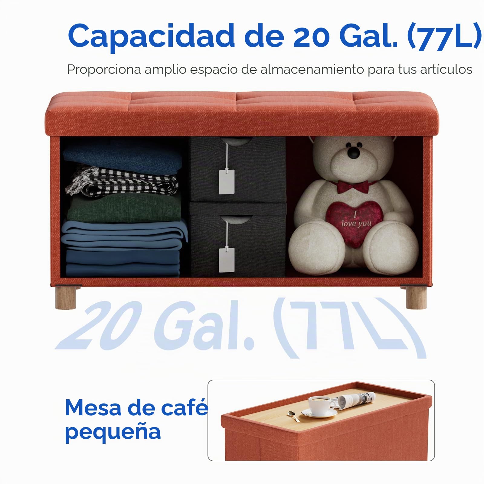 BRIAN & DANY Puff Almacenaje, Baul Almacenaje Dormitorio, Banco Almacenaje con Pies de Taburete, Naranja, 76 x 38 x 38 cm