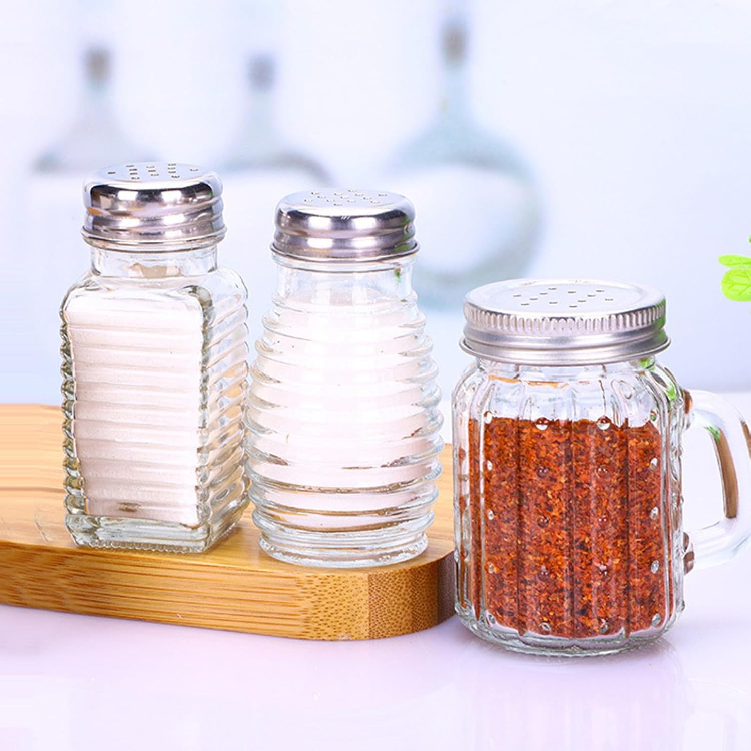 SEWACC 6pcs Glass Seasoning Bottles and Pepper Shakers Set with Airtight Lids, Kitchen Spice Jars for Salt, Sugar Storage, Home Cooking and Dining Use