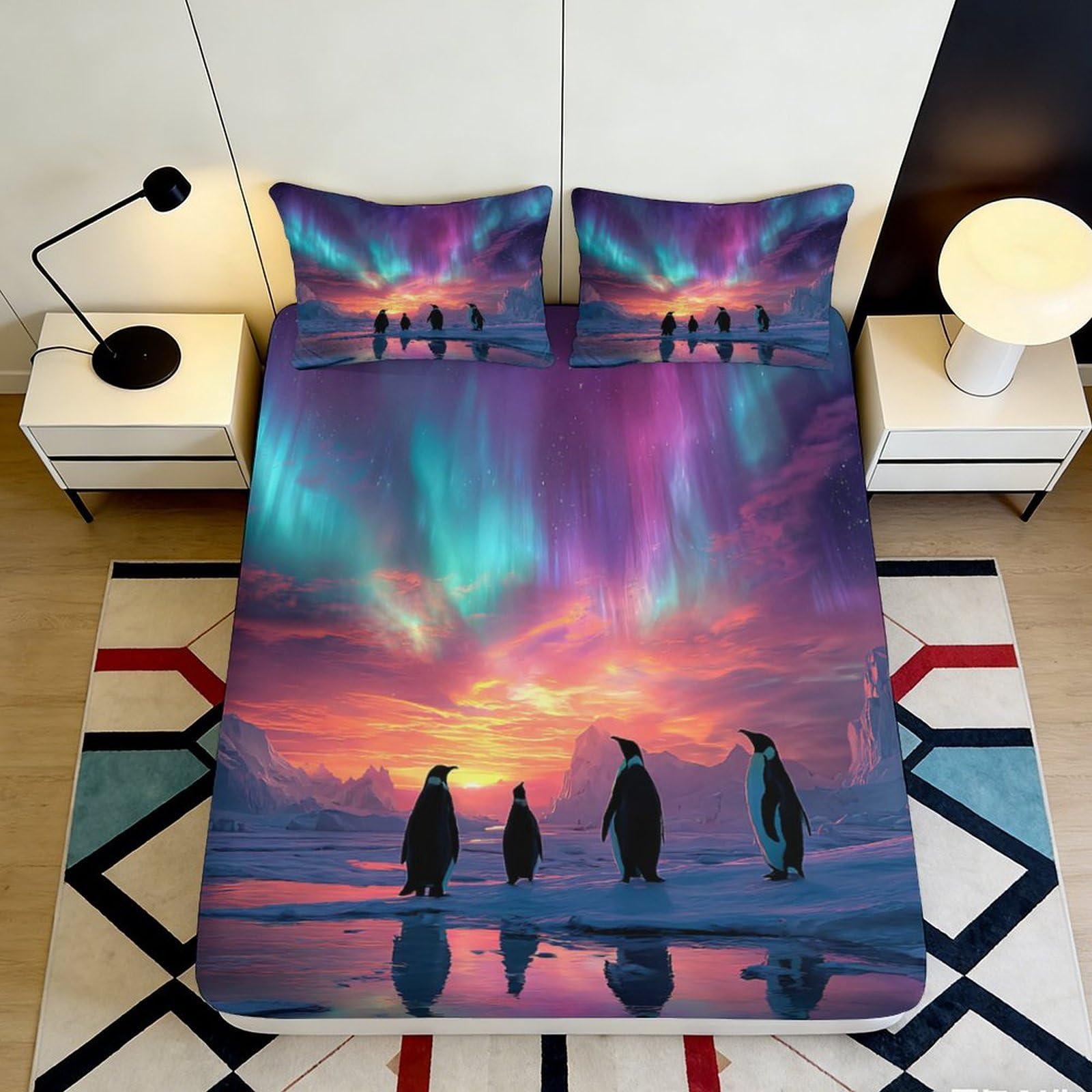 3D Printed Aurora Sunset Fitted Sheet Microfiber Soft Penguin Mattress Cover for Bedroom Guest Room Dorm Decor 90x200x25cm