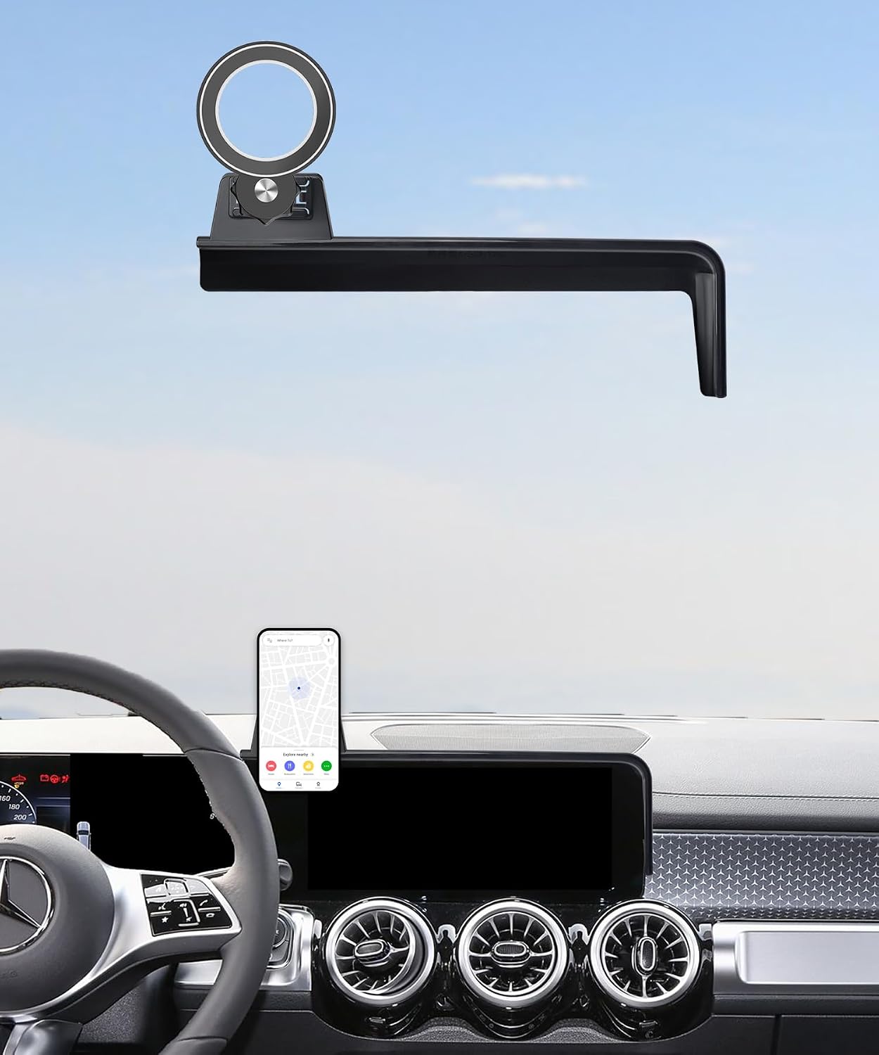 Car Phone Holder for 2019-2026 Mercedes Benz A-Class/GLB/GLA/CLA/EQA/EQB Accessories Apply to 10.25 Inch Touch Screen Fixed Clip MagSafe Cell Phone Mount Hands-Free 360° Rotation