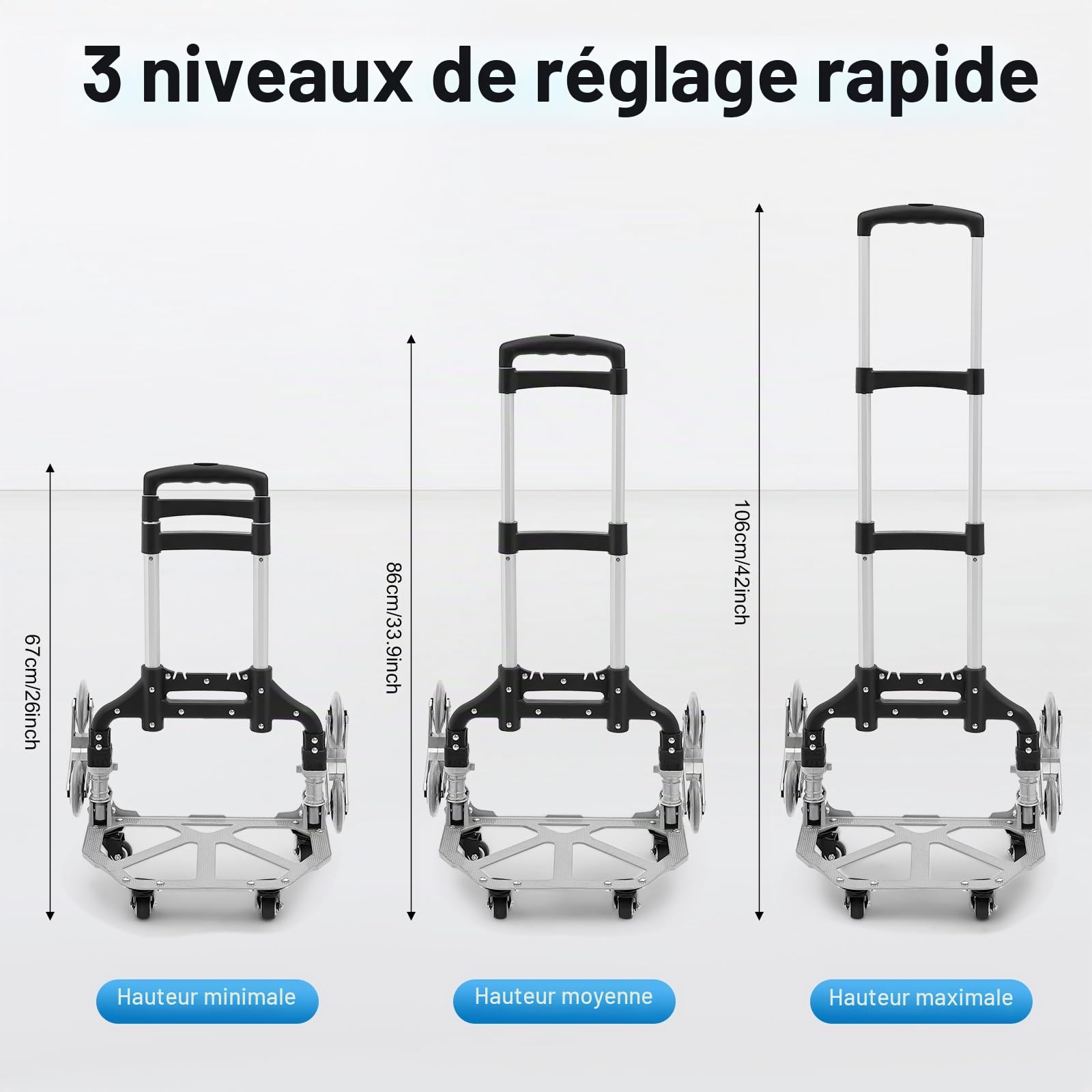 Chariot d'escalier pliable, diable en aluminium, poignée réglable en hauteur sur trois niveaux, roues silencieuses et sac étanche amovible pour déménagement et objets lourds
