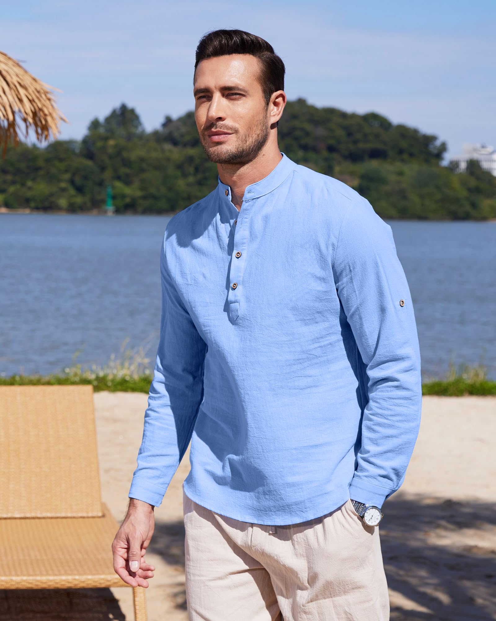 YAOHUOLE Chemise Lin Homme Manches Longues Été Mao Décontractée Henley Shirts Chemise Homme Decontracte