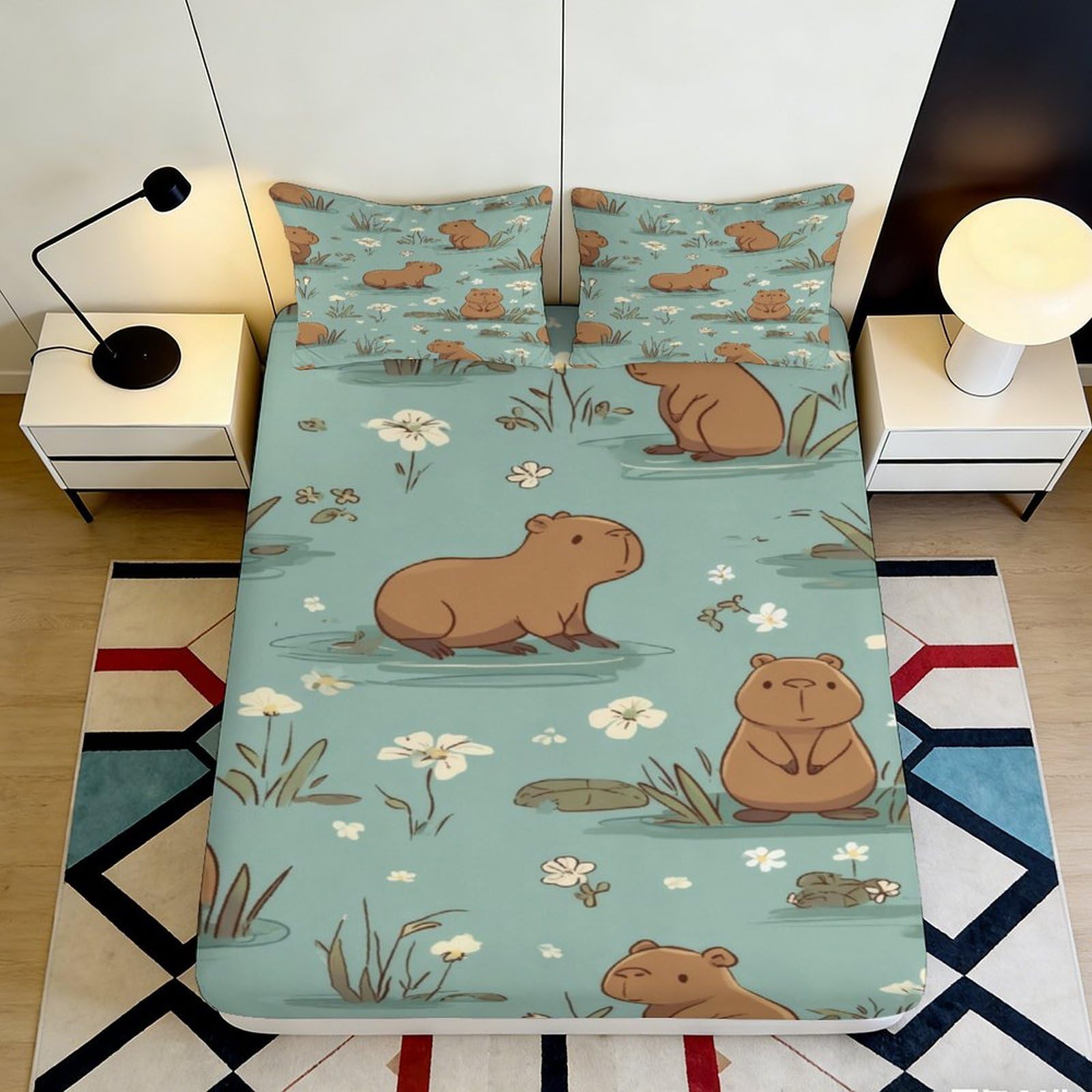 3D Printed Capybara Meadow Fitted Sheet Microfiber Non-Slip Animal Pond Mattress Cover for Bedroom Dorm Decor, Easy Care 90x200x25cm
