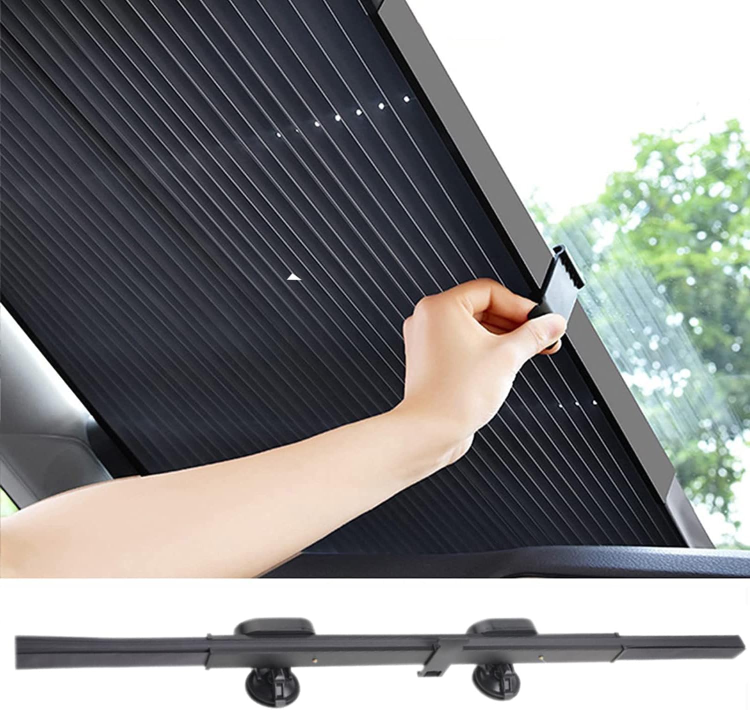 KASTWAVE Retractable Windshield Sun Shade for Car, 65CM Large Foldable Sun Visor Protector, Blocks 99% UV Rays and Heat, Auto Sunshade Fits Front Rear Window with Double Suction Cups, Black