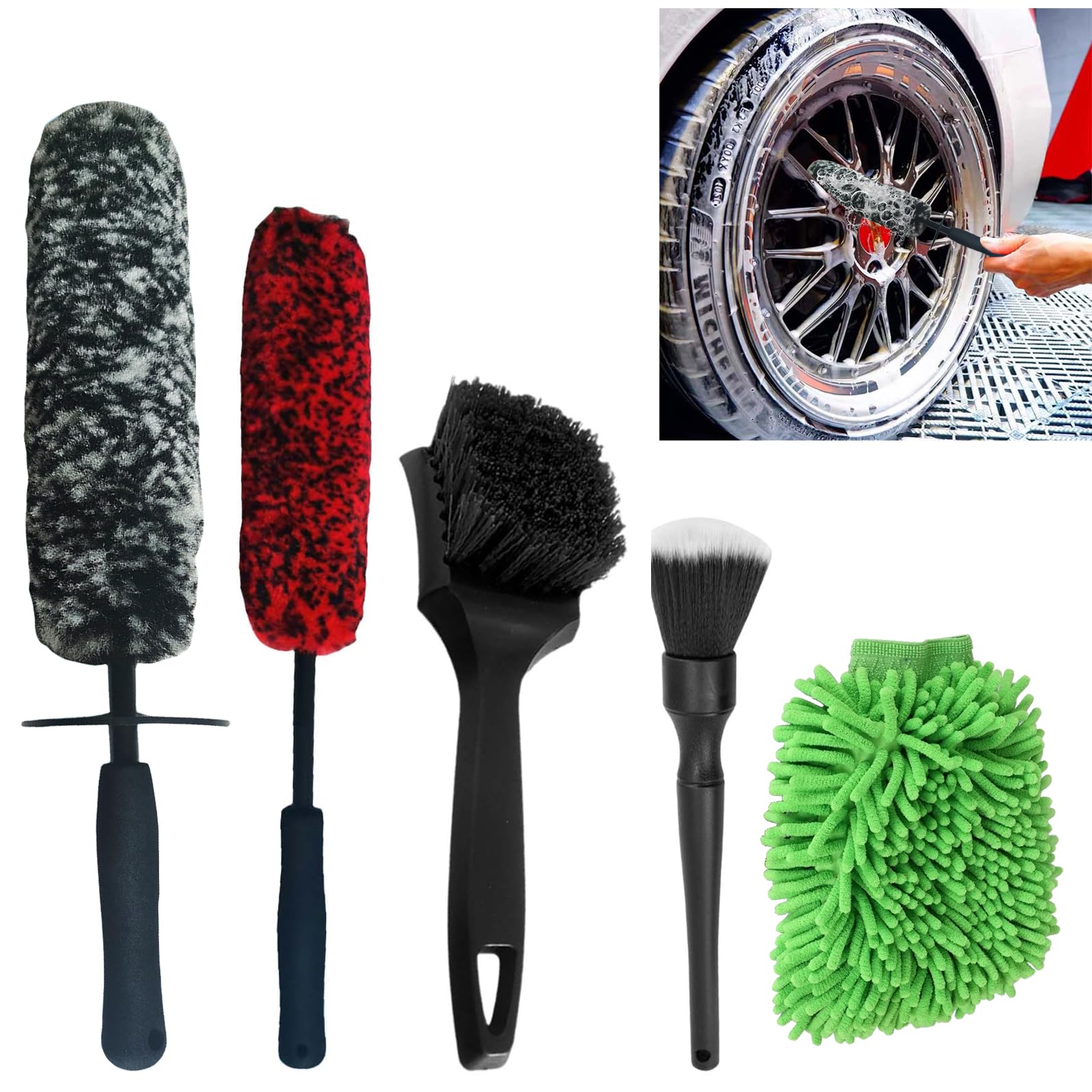 dogmoon Auto Reinigungsset, 5 Stück Auto Reinigung Innenraum und Außen, Autopflege Set mit Felgenbürste, Mikrofaser Felgenbürste, Harten Borsten, Bürste Weiche Bürste Waschhandschuh für Motor Rädern