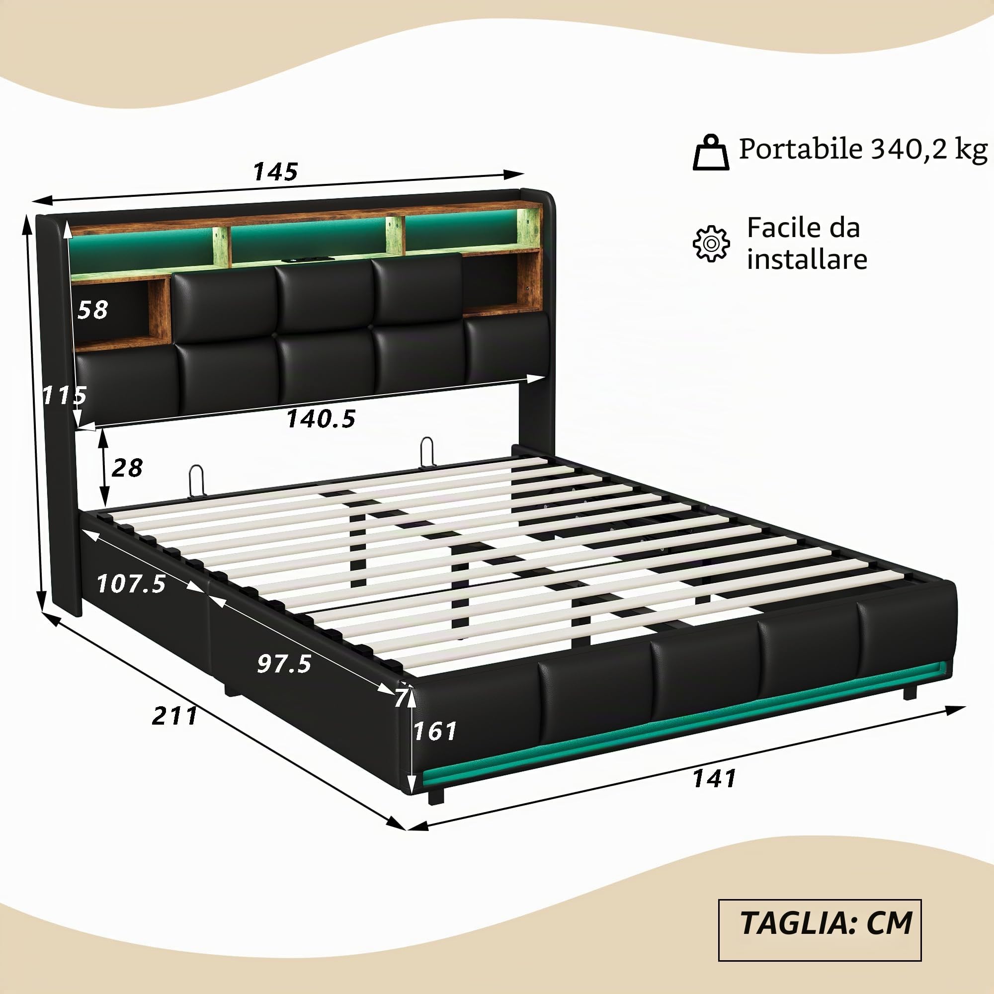 Letto matrimoniale 140 x 200 cm con LED RGB, contenitore sollevatore a gas e porte USB, struttura a doghe in legno rinforzato, testiera imbottita in poliuretano nero, non necessita di molle