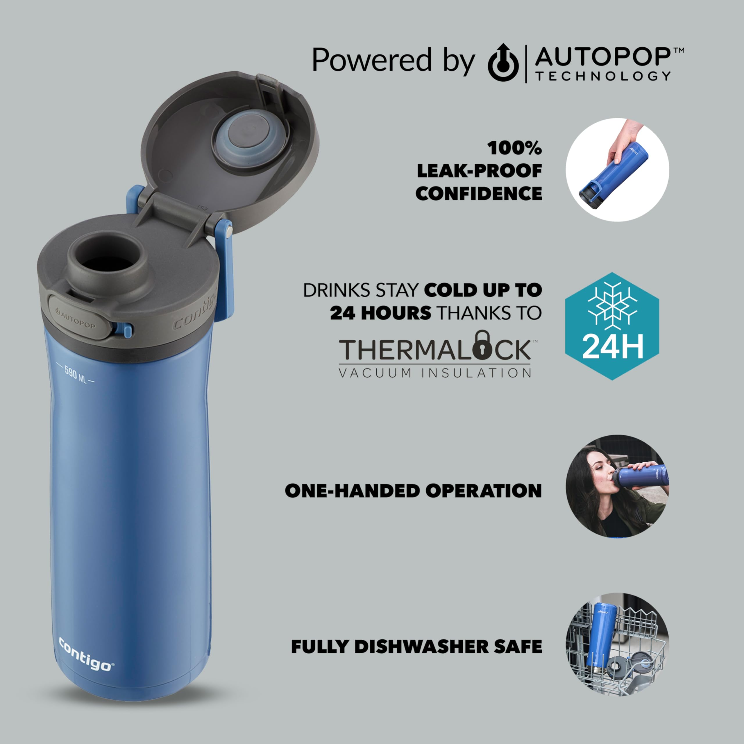 Contigo Jackson Chill Autopop Gourde Sport | Inox | Chaud 24h | 590ml