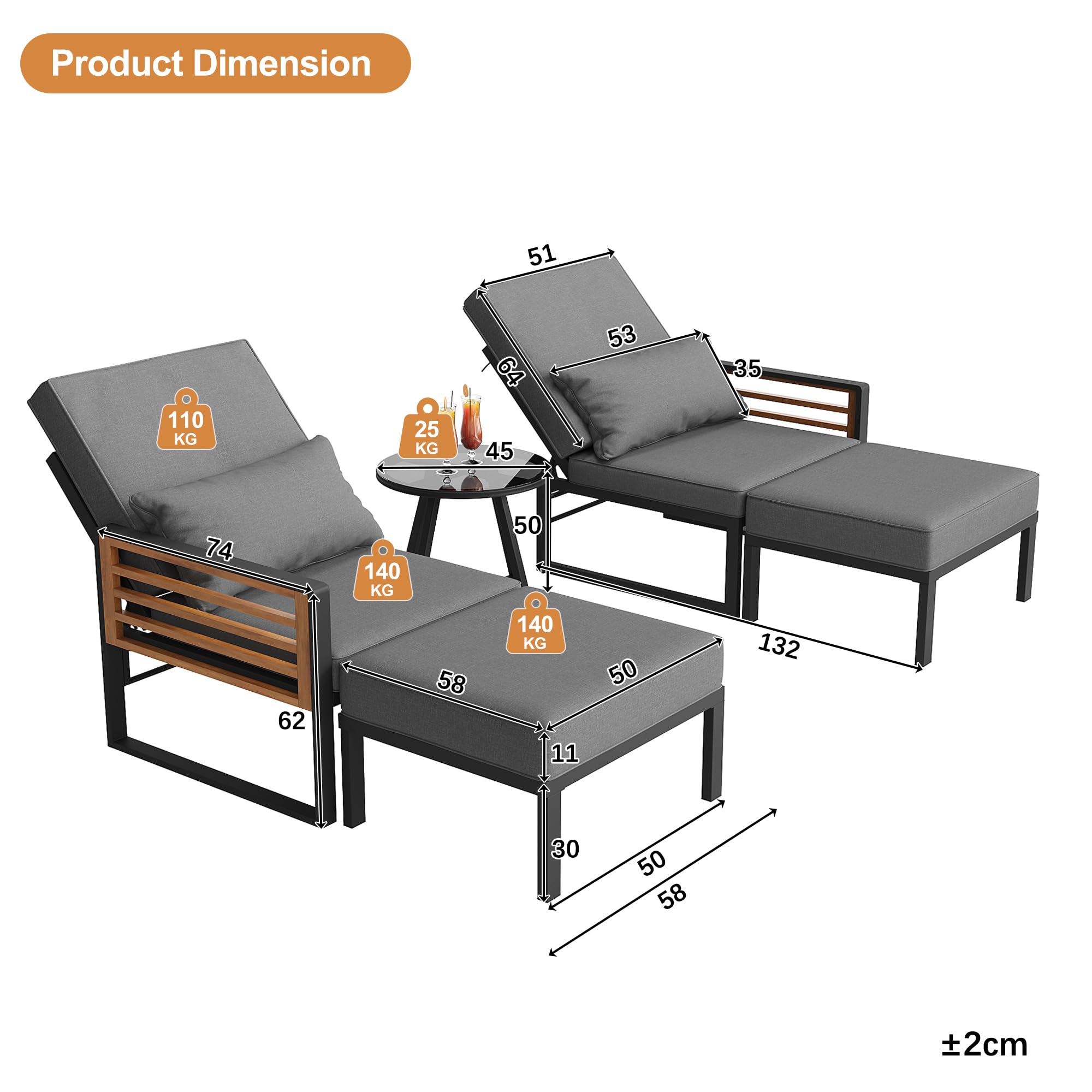 Garten-Lounge-Set für 2-4 Personen, Doppel-Liege & Outdoor Daybed mit Verstellbarer Rückenlehne, nutzbar als Outdoor-Sofa, Bett, Inkl. Rücken- und Sitzkissen