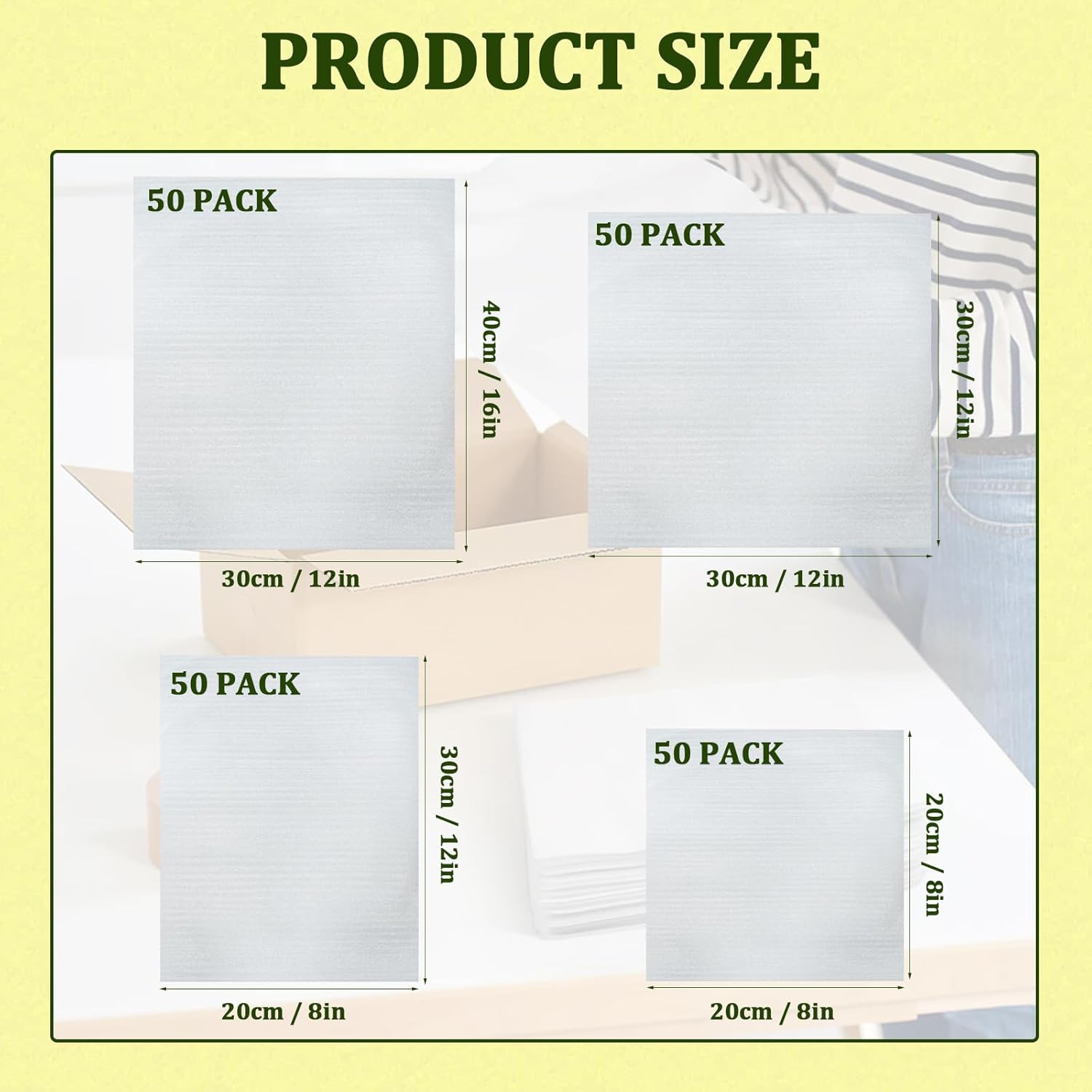 200PCS Cushion Foam Pouches, Moving Packaging Supplies with 4 Size (12"x16", 12"x12", 8"x12", 8"x8"), Cushioning Foam Pouches & Sheet for Moving, Packing, Transportation, Storage