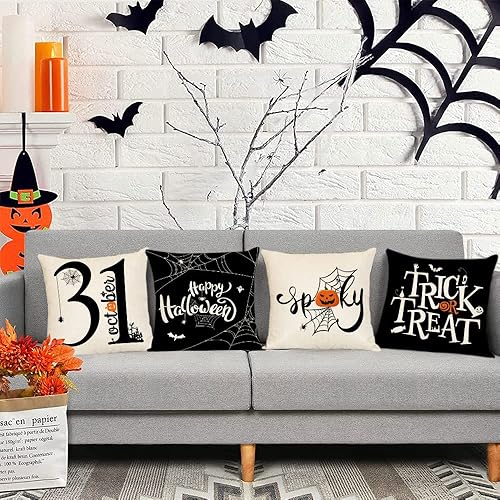 Miniatura 6 de Fundas de almohada de Halloween de 24 x 24 pulgadas, juego de 4 fundas de almohada decorativas con diseño de truco o trato, funda de almohada negra