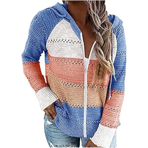 Fudule Women's Pullover Sweaters,Lightweight V Neck Pullover Color Block Hoodie Striped Hollow Out Sweater Knit Blouse