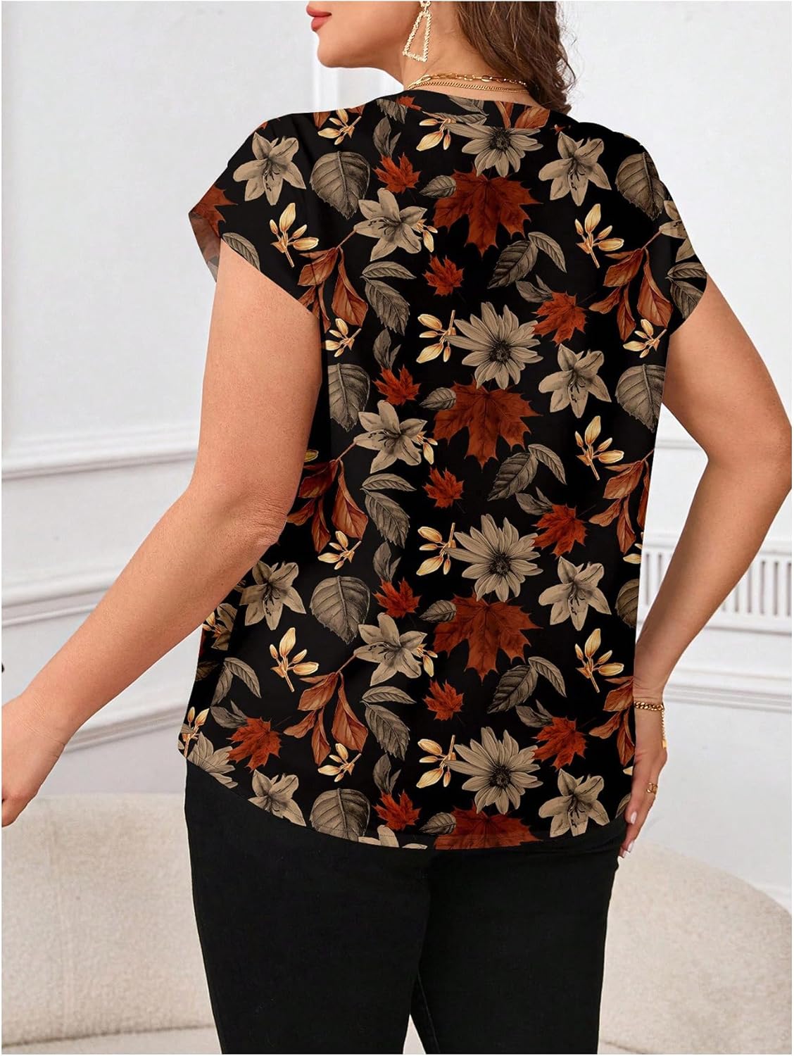 Women's Plus Size Floral Blouse Retro Cap Sleeve V Neck Vacation Going Out Tops Shirt - Image 2