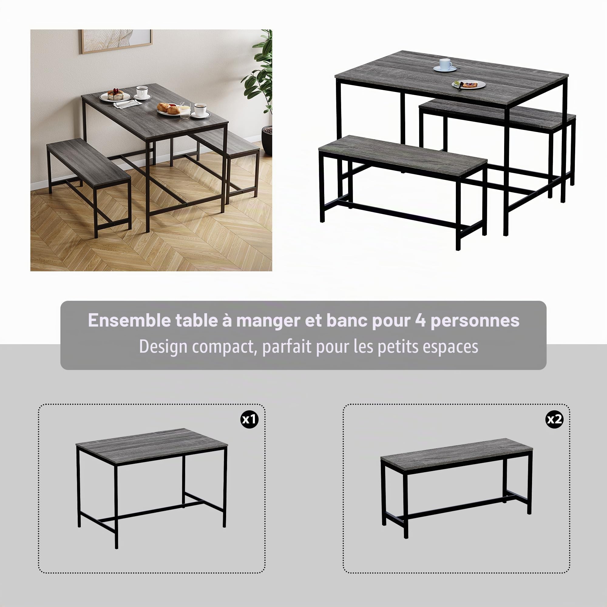 Vida Designs Roslyn Table de Salle à Manger 4 Places avec 2 bancs, Ensemble de 3 pièces, Meubles de Salle à Manger avec Cadre en métal Massif (Gris)