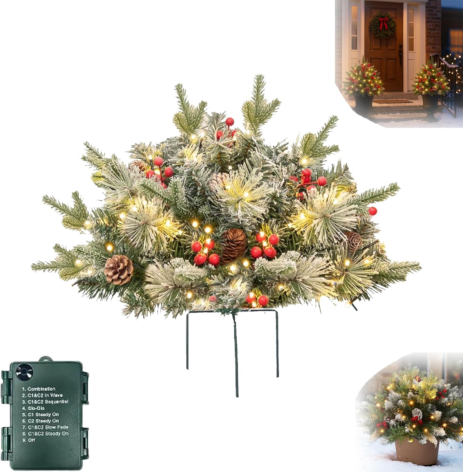 Pre-Lit Artificial Christmas Tree Urn Filler, 18-Inch Holiday Planter Bush with 60 LED Lights, Battery Operated Christmas Greenery with Tripod Stake for Indoor/Outdoor Porch & Yard Décor (1, F)