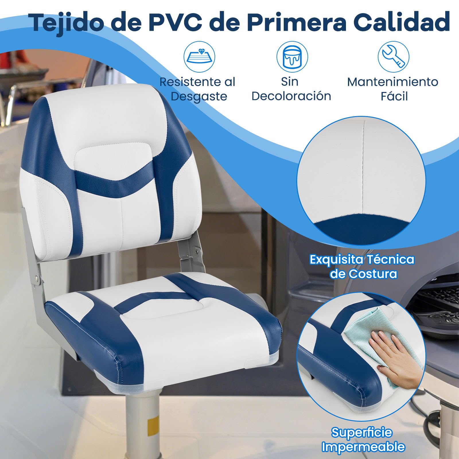 GOPLUS Juego de 2 Asientos de Barco, Silla Plegable Impermeable con Respaldo Ergonómico Bajo, Asiento Yate Cómodo con Espuma, Asientos Plegables para Barco de Pesca, Yates, 42 x 49 x 51 cm