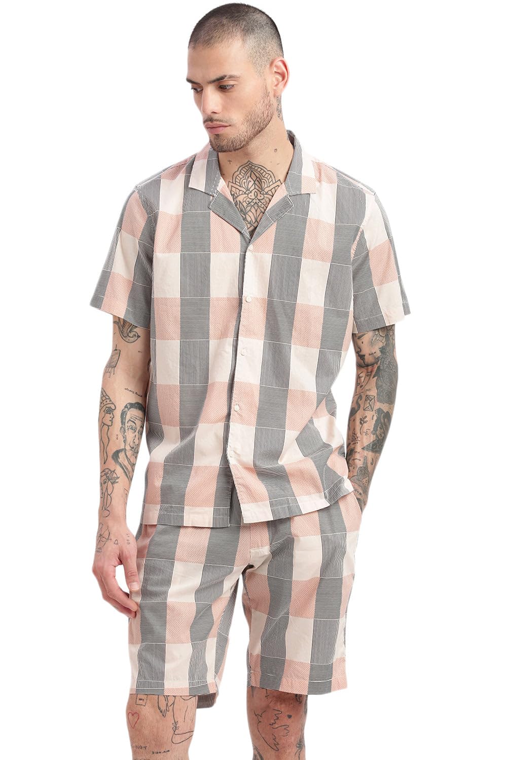 Men Geometric Two-Piece Co Ords | Cuban Collar Half Sleeves Cotton Co-Ords for Mens | Mid-Rise Relaxed Fit Knee Length Co-Ord for Men's-image-1